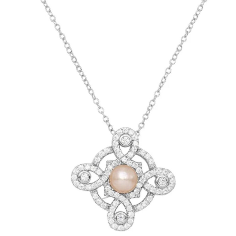 Silver 925 Rhodium Plated CZ Encrusted Outline Cross Fresh Water Pearl Necklace